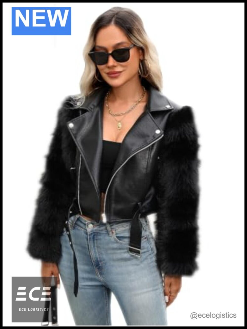 Croc-Embossed Faux Leather Moto Jacket Cropped Faux Fur Sleeve Belted